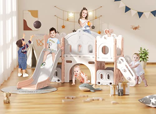 Xjd 7 In 1 Toddler Slide Set, Kids Slide For Toddlers Age 1+, Toddler Climber Slide Playset With Basketball Hoop And Ball,Outdoor Indoor Playground For Toddlers 1-3 (Pink White, 7 In 1) #TOP13