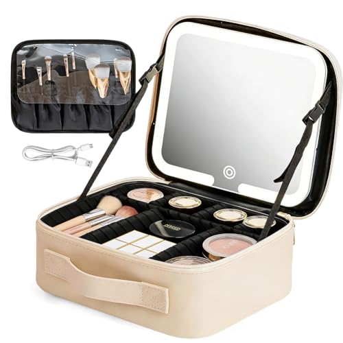 Kosmetiktasche mit LED - Beleuchtung Licht,7 Staufächer Reise-Kosmetikkoffer,3-in-1 Kosmetikkoffer Tasche Damen,Verstellbare Trennwand Schminkkoffer,für Reise,Waschtasche,Waschbeutel (Weiß)