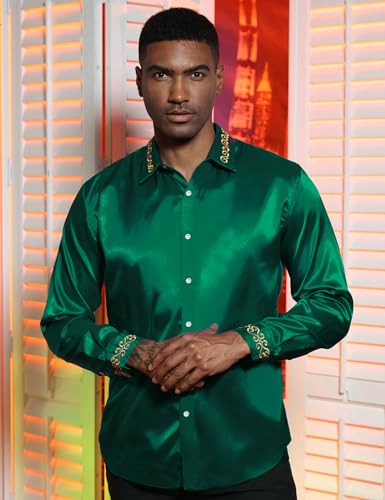 Men's Luxury Satin Dress Shirt Shiny Embroidery Silk Long Sleeve Button Up Shirts Prom Wedding Party Shirt4