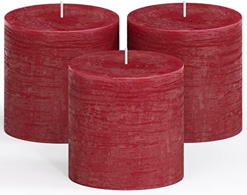 CANDWAX 3x3 Pillar Candle Set of 3 - Decorative Rustic Candles Unscented and No Drip Candles - Ideal as Wedding Candles or Large Candles for Home Interior - Bordeaux Candles