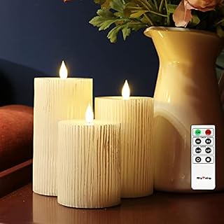 White Wax Battery Operated Flameless Ribbed Column Candles with Remote Control, 4/8hrs Timer, Warm White Light, Set of 3, Remote & Battery Included
