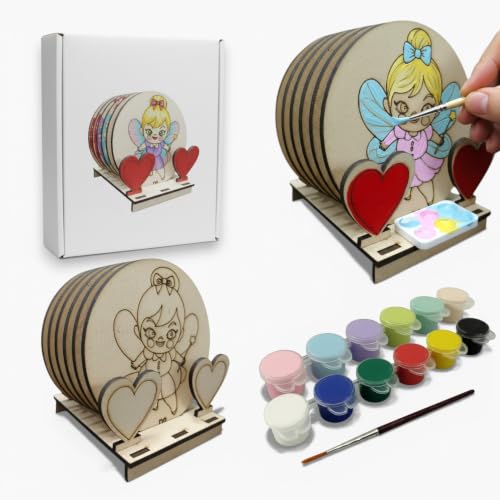 Image of BAGJI TOYS DIY Coaster Painting Kit for Kids & Adults - 6 Pre-Marked Wooden Tea Coasters with Stand, 12 Non-Toxic Water Base Colours & 1 Brush - Mandala Art & Craft DIY Set - Beginner Friendly Painting Craft Kit, Birthday & Gift Activity (MNDD2)