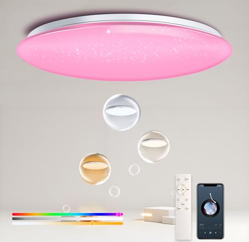 Kazvincita WF-Version LED Ceiling Light with Speaker 40W 13Inch Control via app/Voice/Remote Adjustable Brightness & Color Temperature Ceiling Lamp RGB Ambient Lighting for Bedroom Kids Room and More