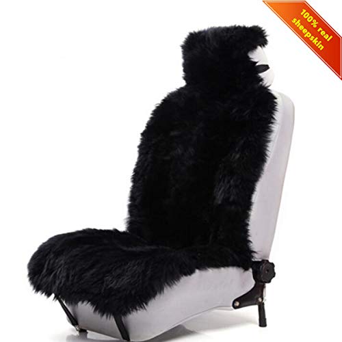 Sisha Winter Warm Authentic Australia Sheepskin Car Seat Cover Luxury Long Wool Front Seat Cover Fits Most Car, Truck, SUV, or Van (Black)