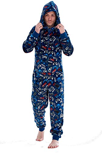 Keanu Mens Game Controller Onesie with Hood - All Over Print Gaming Design - Supersoft Flannel Fleece - Mens Sizes S - XL (M/L)