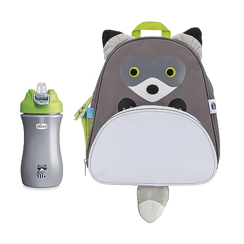 Kit sac à dos raton laveur et sa gourde verte, le cadeau d'anniversaire utile dès 2 ans