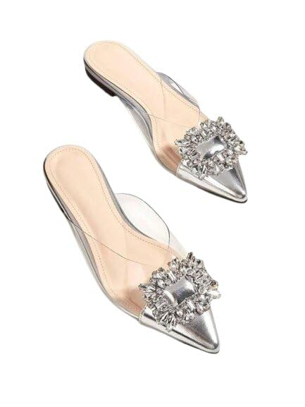 Stylish Patent Leather Open Back Embellished Flats with Durable TPR Sole, Comfortable Lightweight for Girls and Women Grey 7-image-46