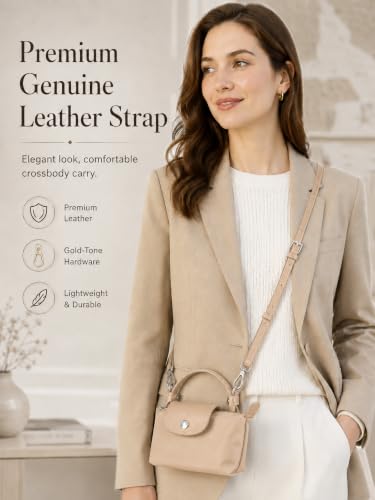Image of Purse Organizer Insert & Leather Strap Conversion Kit Set, Compatible with Longchamp Le Pliage Mini Bag - Felt Inner Liner & Adjustable Shoulder Strap, Beige Insert & Beige Strap