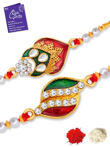 Image of Sukkhi Rakhi for Brother Stylish Kundan Combo & Designer Gold Plated with Roli Chawal & Greeting Card Set of 2