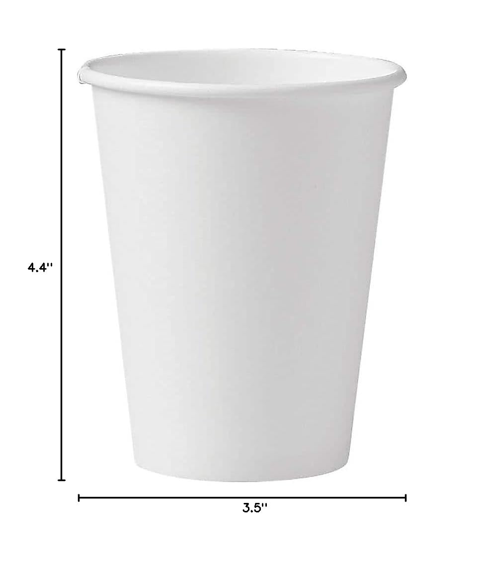 Diagram showing dimensions of the SOLO 12 oz White Paper Hot Cup: 4.4 inches height, 3.5 inches top diameter.