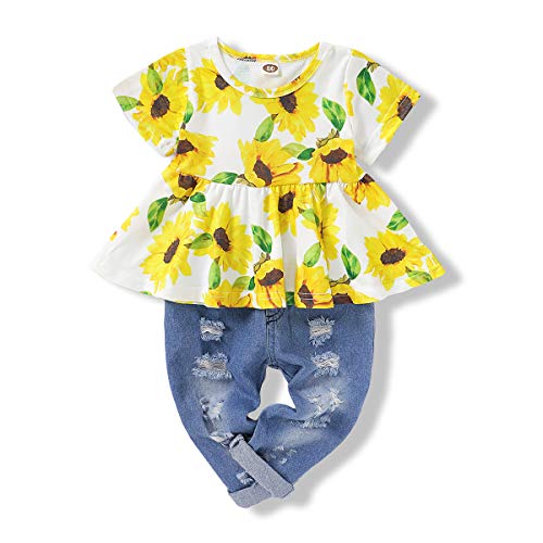 Toddler Girl Clothes 2PCS Short Sleeve Ruffle T-Shirt Floral Shirt Tops Denim Pants Outfits Set Infant Ripped Jeans Outfits for Summer Spring 3-4T