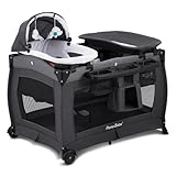 Pamo Babe Deluxe Nursery Center, Foldable Playard for Baby & Toddler, Bassinet, Mattress, Changing Table for Newborn(Black)