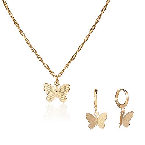 Preisvergleich Produktbild Juland Schmetterling Kettenhalskette Halskette Halsband Legierung Anhänger Kette Halskette Frauen Schmuck Colliers 11,8 + 3,9" Extender mit 1 Paar Ohrring Vergoldet 2638