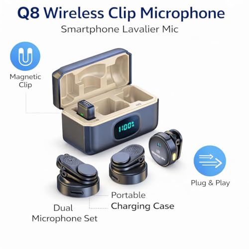 Image of ENNIX Q-8 Dual Wireless Microphone for Camera Laptop & Smartphones | 2.4G Mini Collar Mic with Noise Cancellation & Magnetic Clip | Wireless Mic for YouTube Vlogging Recording & Interviews