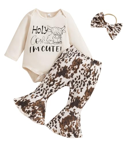 Image of TheFound Infant Baby Girl Clothes Newborn Ruffle Long Sleeve Ribbed Romper Print Bell Bottom Toddler Baby Fall Winter Outfit