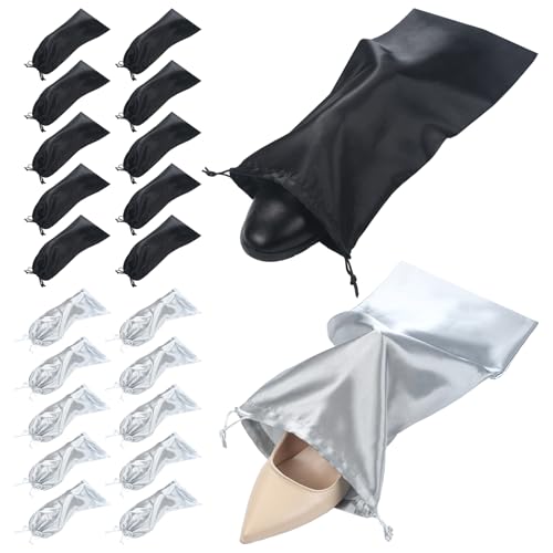 Patelai 20 Pcs Satin Shoe Bags for Travel Reusable Shoe Bag with Drawstring for Protecting Single Pouch Travel Dust Bags Storage Men Women, Black, Grey