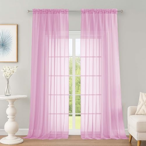 Image of OWENIE Extra Long Pink Sheer Curtains 96 Inches Long 2 Panels Set, Soft Lightweight Airy Voile Sheer Curtain for Bedroom Living Room, Rod Pocket Solid Color Farmhouse Curtains, 59 inch Wx96 L Inch