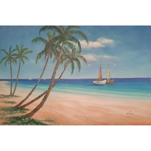 Tableau à l'huile de palmiers fait à la main, l'art du voyage et cadre en bois au choix 90x60