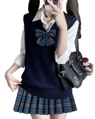 [Qichenk] コスプレ 制服 スクール ベスト ニット セーター 卒業式 入学式 JK 女子高生 学校 学生 チョッキ Vネック ゆったり 通学 通勤 カジュアル 仮装 学園祭 文化祭 卒業式 入学式 navy-A XL - Qichenk - 商品画像