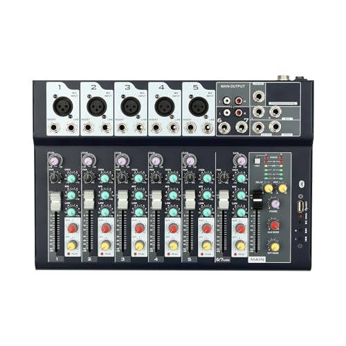 Mesa de mezclas profesional, mezclador de sonido Bluetooth de 7 canales, mezclador DJ con ecualizador de triple frecuencia, + alimentación fantasma de 48 V, 5 efectos de sonido, USB, para KTV, banda