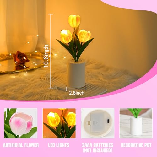 Image of Artificial Pink Tulip Lamp, Bedroom Decor Light Birthday Gifts for Women