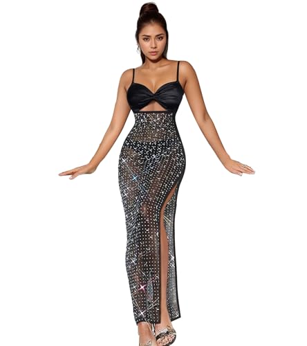 Image of Jigfar Women Sexy Elegant Rhinestone Mesh See Through Party Club Night Split Bodycon Formal Maxi Dress