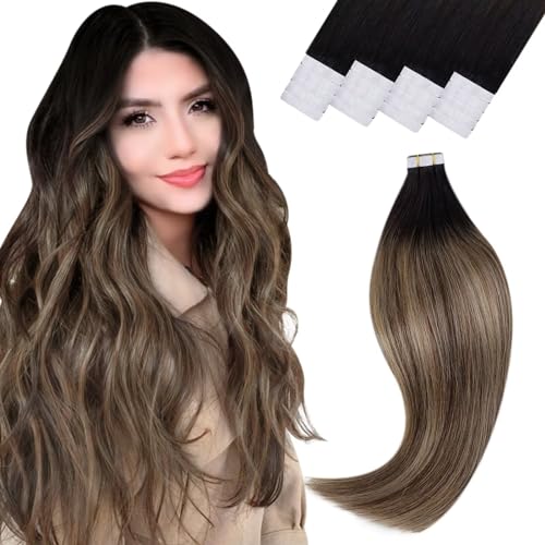 Vivien Black Tape in Human Hair Extensions Balayage Black to Brown and Caramel Blonde Hair Extensions Tape in Invisble Ombre Double Sided 14In 20pcs 50g #1B/4/27