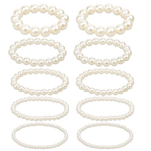 10 Pack Fake White Pearl Bracelets for Women Faux Pearl Bracelet Stackable Bridal Elastic Pearls Bracelet Set Stretch Fake Pearls Bead Bracelets for Wedding Party Bridesmaid Gifts