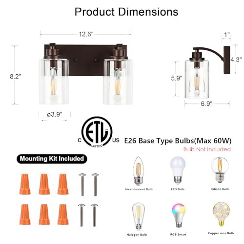 Image of 2-Light Bathroom Light Fixtures Modern ORB Vanity Lights | Easy to Install Clear Glass Shades, Wall Mount Up or Down, E26 Socket, Hardwired, 120V