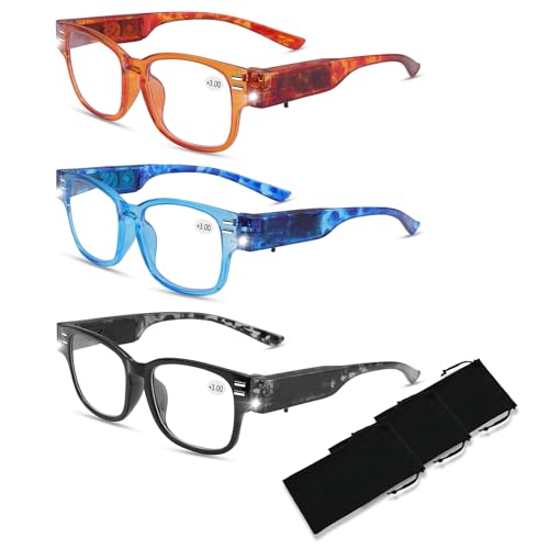 3Colors Magnifying Glasses with Light Bright LED Readers Lighted Magnifying Eyewear Reading Glasses with Lights Blue Light Blocking Eyeglasses Lighted Magnifier Nighttime LED Reading Glasses+150