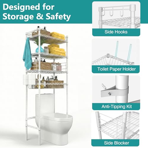 Image of Over The Toilet Storage Shelf - 4-Tier Adjustable Metal Bathroom Organizer Shelves, Freestanding Space Saver with Basket & Paper Holder, Bathroom Storage Rack Above Toilet for Laundry, White
