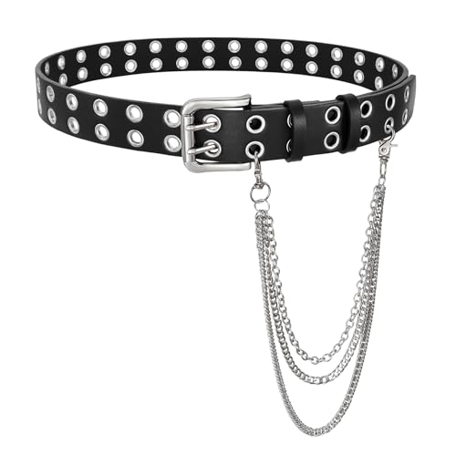 BELTROAD Double Grommet Studded Belt with Detachable Chain Goth Belt for Men Women Punk Rock Metal for Jeans Pants