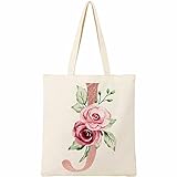 BeeGreen Floral Personalized Tote Bag w 2 Pockets Monogram Gift Bag for Bridesmaid Wedding Bachelorette Party Initial Canvas Tote Bag for Women Reusable Grocery Shopping Bag Letter J