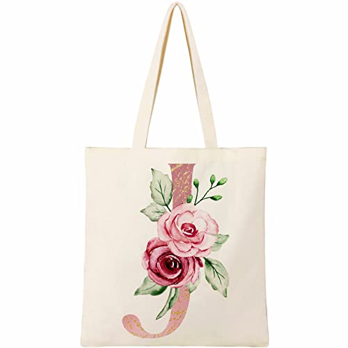 BeeGreen Aesthetic Canvas Tote Bag for Women with 2 Inner Pockets, Natural and Pink, Large, Floral J