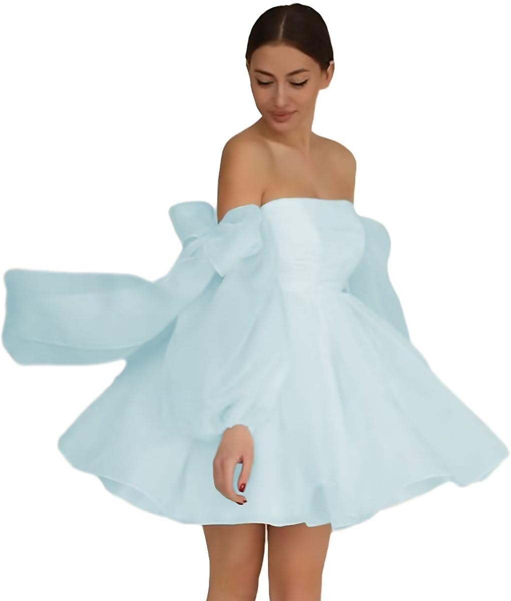 Short Wedding Dresses for Bride Long Sleeve Organza Bridal Gown Pleated Off Shoulder Wedding Dress with Bow