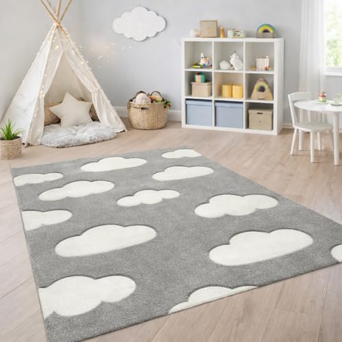 Image of Paco Home Modern Kids Rug with Clouds in Grey Pastel for Nursery, Size: 4' x 5'7"