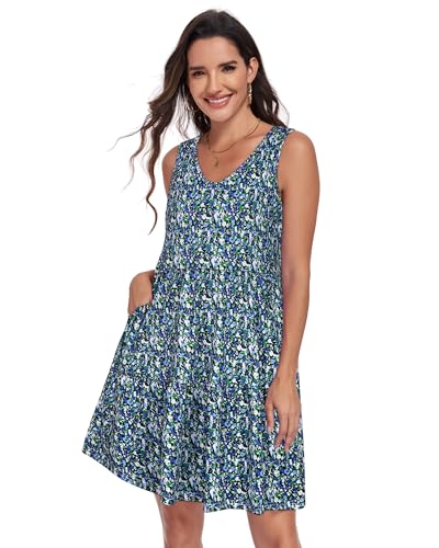 Image of Sundresses for Women Summer Sleeveless Tiered Swing V Neck Tank Dress | 2026 Casual Loose Tank Dress with Pockets, A-Line Flowy Beach Sun dress, Vacation Cruise Fashion Outfits