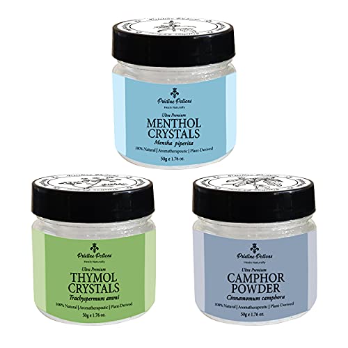 Pristine Potions Premium Grade Thymol, Menthol,Camphor Combo Pack (Ajwain ka phool, Peppermint, Kapoor) I 100% Pure & Natural I Aromatherapeutic I Plant-Derived I Total 150 grams (50 grams x 3)