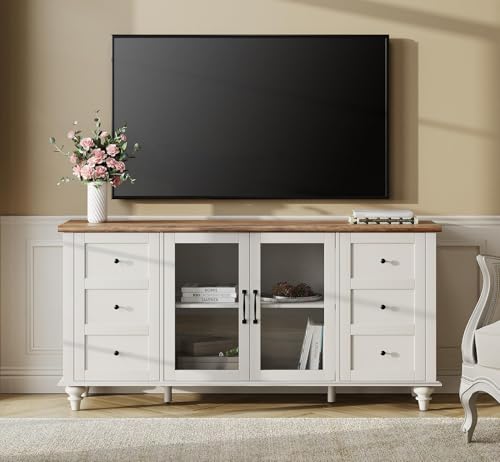 WAMPAT 4-Door Farmhouse TV Stand for TVs Up to 75 inch, Glass and Wood Universal TV Stand with 4 Storage Cabinets, White Entertainment Center for 32-75 inch TV Console Table, Off White