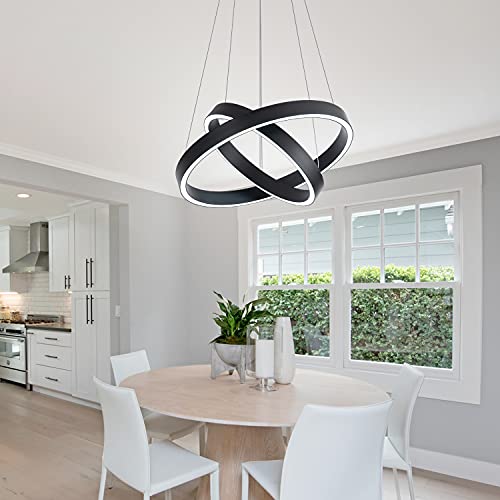 Image of MADEM Modern LED Pendant Light 2-Ring Circular Contemporary Chandelier | Room Decor Flush Mount Pendant Lighting for Living Dining Room Bedroom,6000K Cool White,36W,Black