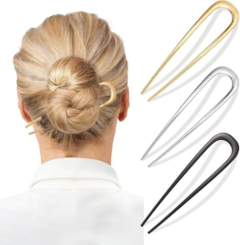 3Pcs French Hair Pin Metal U Shaped Hair Fork for Women - Gold Silver Gunmetal French Twist Hair Pins Vintage Hair Sticks for Buns Elegant Hair Accessories for Thick Long Hair