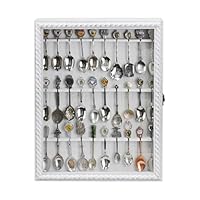 Ikee Design Wooden 30-Souvenir Spoon Display Case Cabinet, Wall-Mounted Tea Spoon Rack with Glass Suitable for Collection Display, Antique White Color, 13.4W x 2.6D x 15.7H in