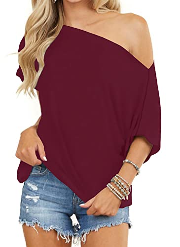 Review de Camiseta hombros descubiertos los 7 más buscados. 35 INFITTY Blusa de manga corta con hombros descubiertos para mujer, estilo casual, holgada, estilo murciélago, túnica de gran tamaño, Burgundy, S