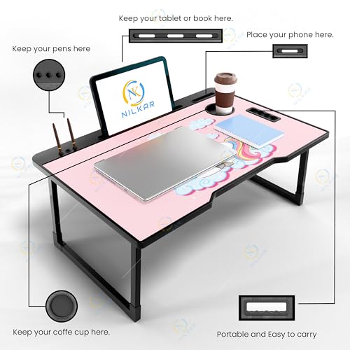 Image of LIDBOX Smart Multipurpose Foldable Laptop Table with Cup Holder, Study Table, Bed Table, Breakfast Table, Foldable and Portable /Ergonomic & Rounded Edges /Non-Slip Legs (COT UNICORRNS)