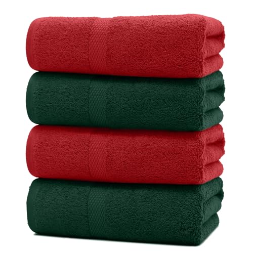 Image of DAN RIVER Decorative Bath Towels Set of 4, 27 x 54 Inches for Your Loved Ones or a Festive Treat for Yourself. 100% Cotton, Larger & Lighter Weight, Ideal Red & Green Bath Towels.