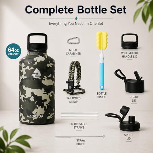 Miniatura 5 de Zakvop Botella Termica 2 Litros, Botella Agua Acero Inoxidable Con Pajitas Y 3 Tapas, Termo Agua De Doble Pared Con Asa De Paracord, Botella De Agua Termica A Prueba De Fugas, Botella Agua Gym