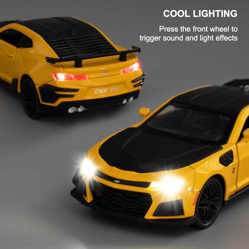 Image of 1 /32 Bumblebee Model Car Toy, Collectible Zinc Alloy Pull Back Vehicles Diecast Car Toy with Sound and Light for Adult Boys Girls (Yellow)