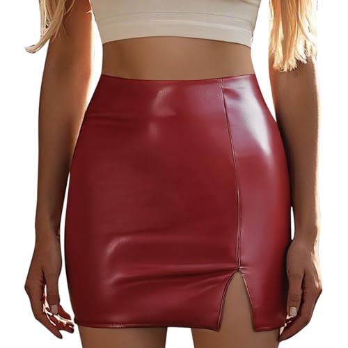 Black - Falda de piel sintética con cremallera para mujer, color liso, falda cruzada de cuero para nalgas, faldas gorditas, rojo, XXL