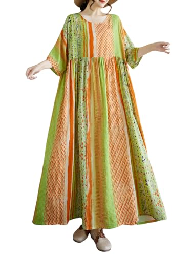 Image of Women Summer Dress with Pockets Plus Size Boho Floral Print Round Neck Loose Casual Flowy Dress