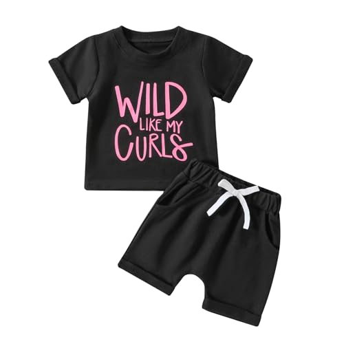 Image of fhutpw Toddler Baby Girl Outfits Short Sleeve Letters T-Shirt Tops & Shorts Sets Summer Clothes 3 6 12 18 Months (Wild Like My Curls Black, 3-6 Months)